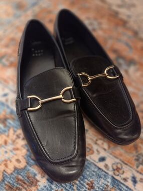 A New Day Black Leather Women's Loafers with Gold Bit Detail